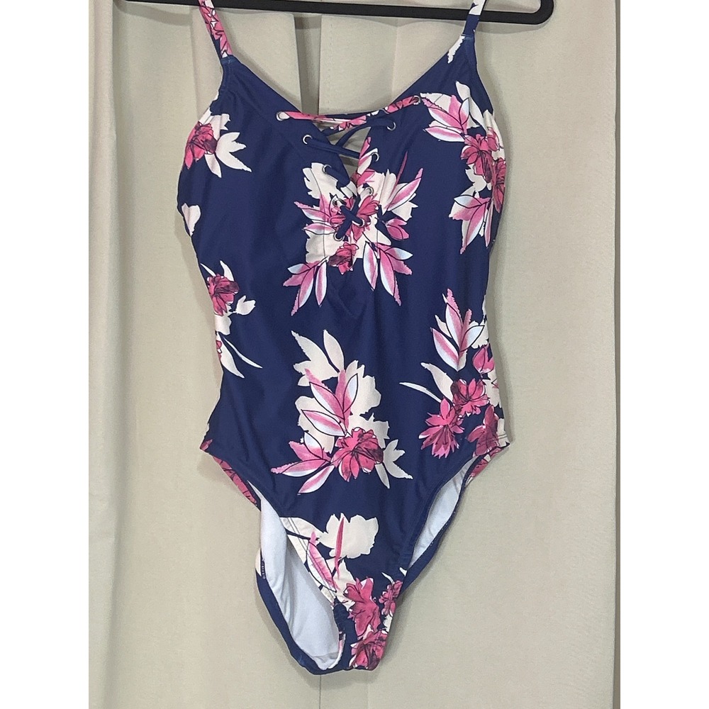 Nautica One Piece Swimsuit XL Blue Pink Floral‎ Lace Up Front Adjustable Straps